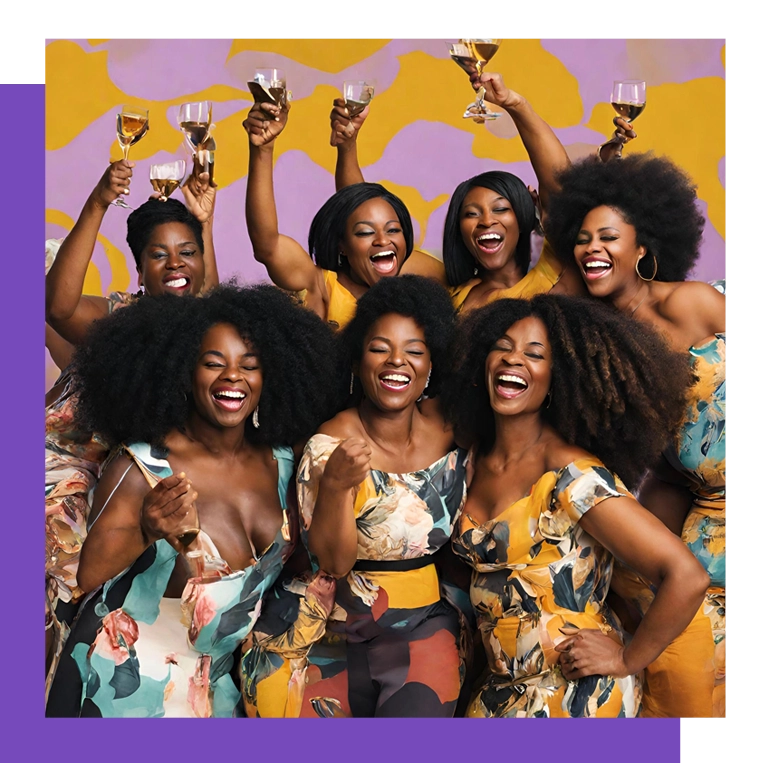 A group of women holding wine glasses in the air.